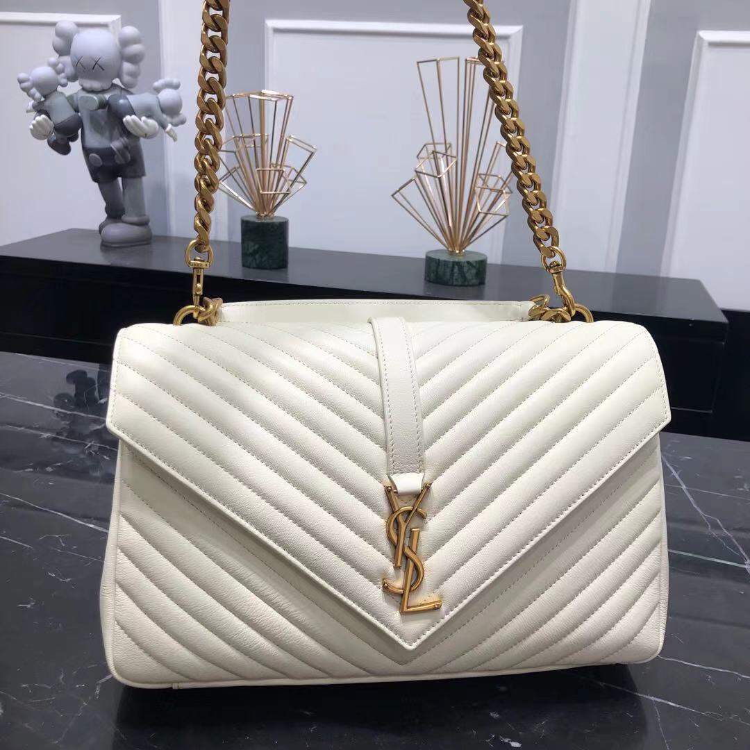 Saint Laurent Lambskin College Handbag Shoulder Bag White 392738 Gold